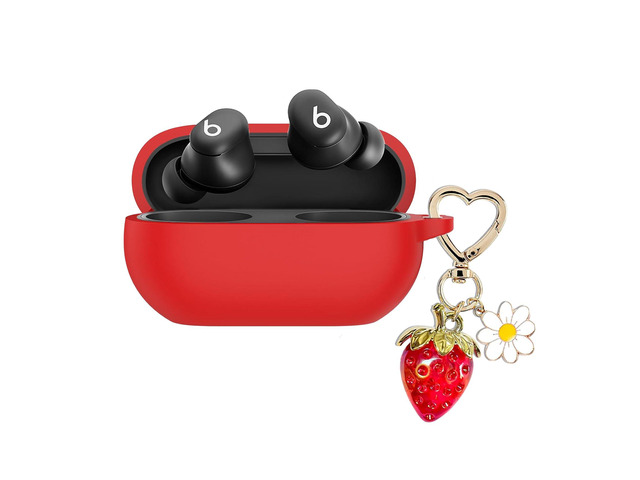 for Beats Solo Buds Case Cover with Cute Strawberry Charm Heart Keychain, Soft Silicone Protective Case Daisy Key Chains for New Beats Solo...