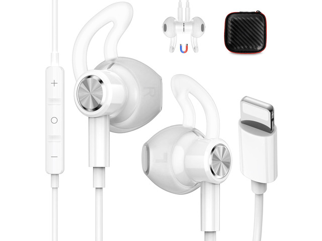 for Apple Lightning Headphones MFi-Certified Wired Earbuds White Magnetic Larger Ear Buds Earphones with Anti-Drop Tips Corded Headset Cord for...