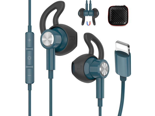 for Apple Lightning Headphones MFi-Certified Wired Earbuds Blue Magnetic Larger Ear Buds Earphones with Anti-Drop Tips Corded Headset Cord for...