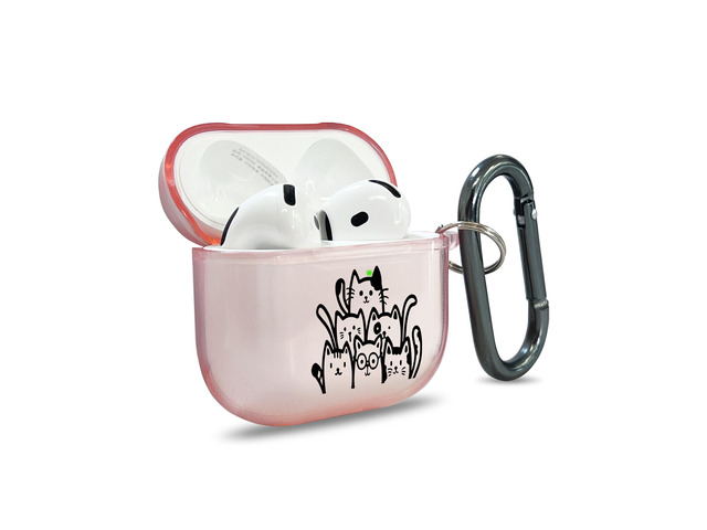 for AirPods 4 Case Cover with Art Skin, Cute TPU AirPods Case with Keychain Hook, Semi-Transparent Decorative Case for Women, Cute Cat, Clear Pink