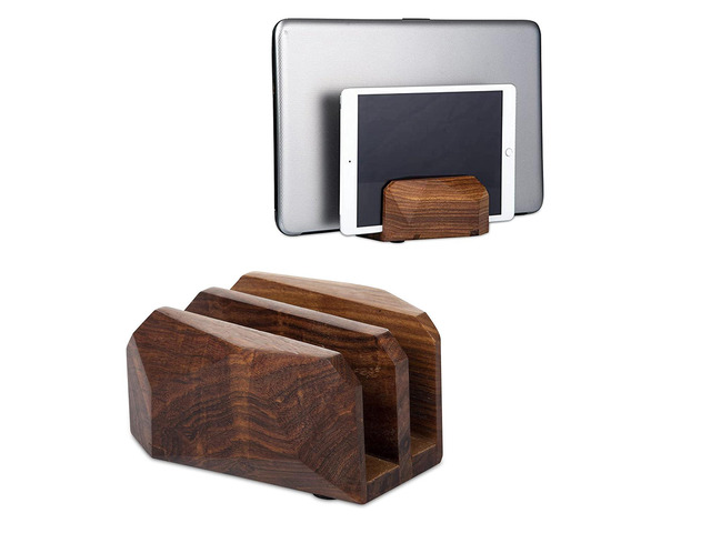 Premium Vertical Laptop Stand Wooden Dock Compatible MacBook & Laptops Dual Dock Slot Ergonomic Desktop Holder & Space-Saving Office Desk...