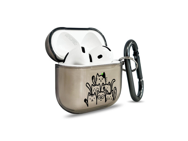 for AirPods 4 Case Cover with Art Skin, Cute TPU AirPods Case with Keychain Hook, Semi-Transparent Decorative Case for Women, Cute Cat, Clear Black