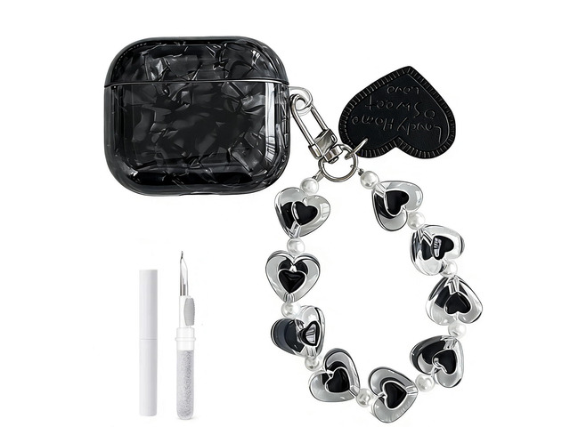 Compatible with AirPods 4 Case (2024) with Keychain - Black Stylish Shell Texture Design, Hardened TPU Shockproof Protective Cover, Designed for...