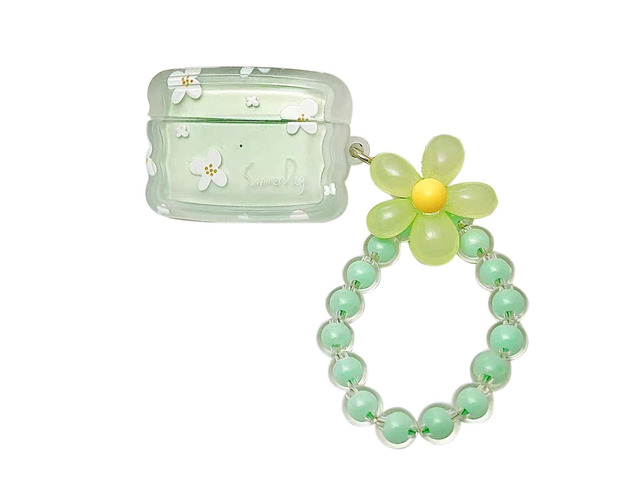 Cute Case for Airpods Pro 3 Lovely Charm, Curly Wave Green Flower Girls Kawaii Cover, for Airpods Pro 3th Generation, Girly Floral Keychain,...