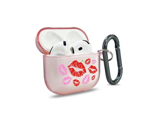for AirPods 4 Case Cover with Art Skin, Cute TPU AirPods Case with Keychain Hook, Semi-Transparent Decorative Case for Women, Red Lips, Clear Pink