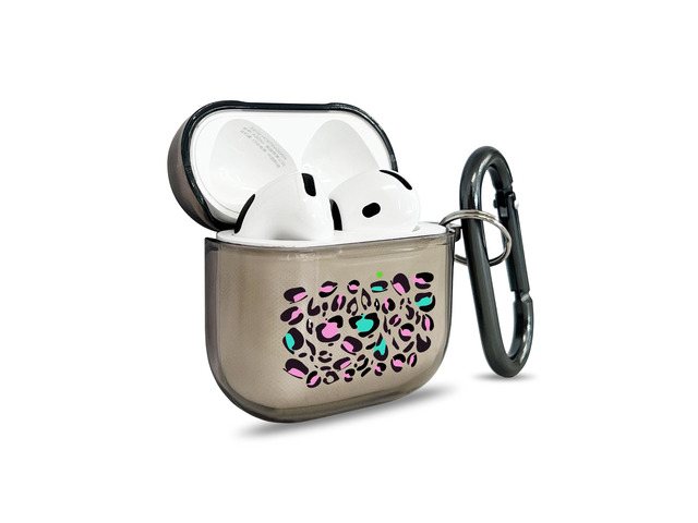 for AirPods 4 Case Cover with Art Skin, Cute TPU AirPods Case with Keychain Hook, Semi-Transparent Decorative Case for Women, Leopard, Clear Black