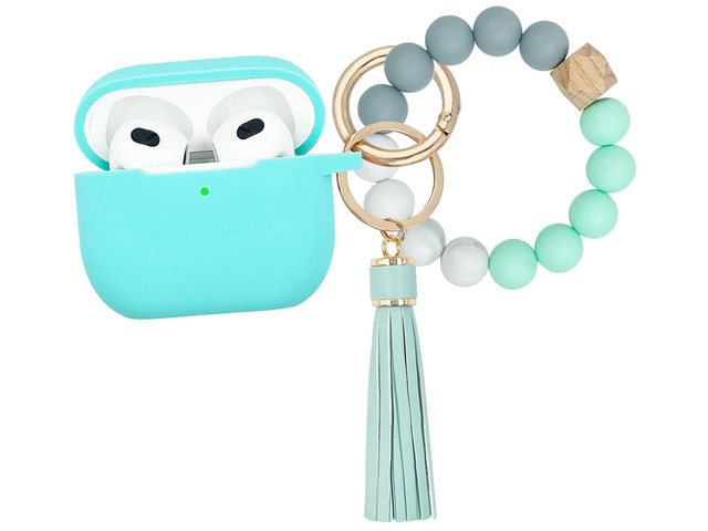 Compatible with AirPods 3 Case Cover Soft Silicone Skin Case for AirPods 3rd Generation with Bracelet Keychain for Women (Mint Green)