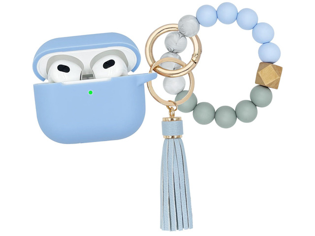 Compatible with AirPods 3 Case Cover Soft Silicone Skin Case for AirPods 3rd Generation with Bracelet Keychain for Women (Light Blue)