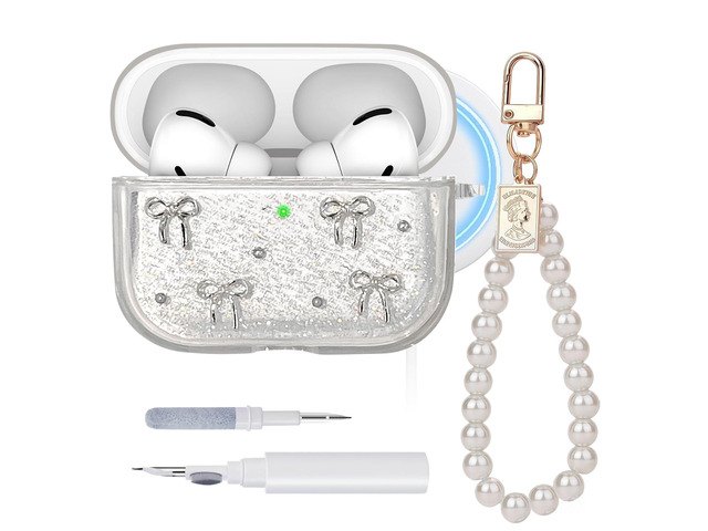 Clear Case for Airpods Pro 3,with Wristlet Keychain & Cleaning Kit Compatible with MagSafe TPU Material Bow Pattern Sparkle Shockproof