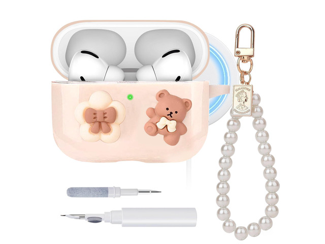 Cute Case for Airpods Pro 3,with Wristlet Keychain & Cleaning Kit MagSafe Compatible TPU Material Bow & Bear Design Durable Shockproof