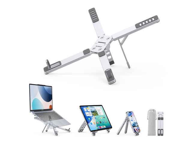 Portable Laptop Stand for Travel & Desk, Ultra-Compact Foldable Aluminum 3-in-1 Riser for Laptop, Tablet & Phone, 5 Adjustable Heights, Compatible...
