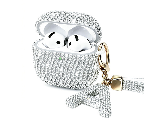 Case for AirPods 4 Generation Case White Initial Letter Bling Sparkly Keychain for Women Girls Cute Anti-Lost Glitter Crystal Shockproof Protective...