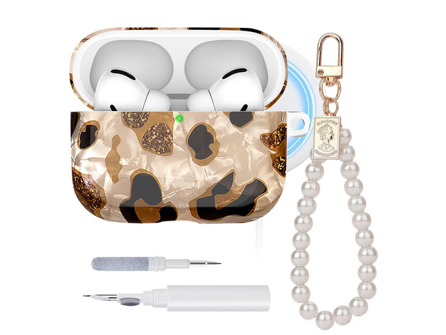 Leopard Print TPU Case for Airpods Pro 3 Compatible with MagSafe Pearl Wristlet Keychain Cleaning Tool TPU Material Shockproof