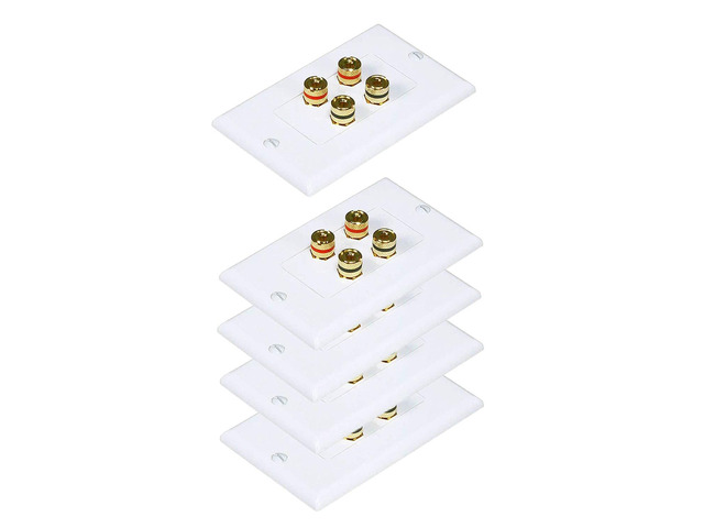 Premium 4 Connector Banana Wall Plate - Banana Plug Binding Post Wall Plate for 2 Speakers (5 Pack)