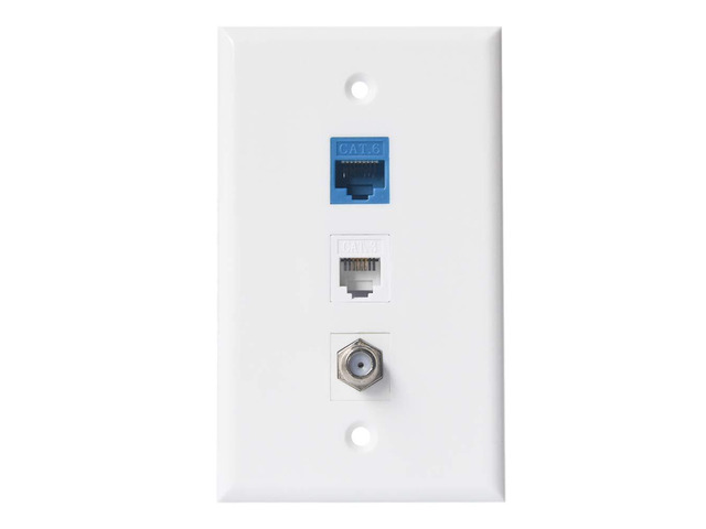 Coax Ethernet Phone Wall Plate - 1 Port Cat6 RJ45 + 1 Phone Jack Cat3 RJ11/RJ12 + 1 Port Coax Cable TV- F-Type