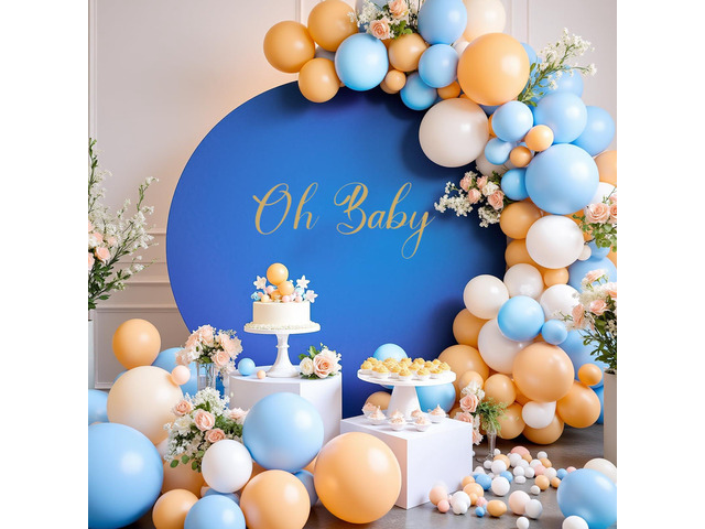 7.2FT Royal Blue Round Backdrop Cover with Oh Baby Decal Sign for 5-7.2ft Circle Arch Stand - Thick Fitted Spandex Circle Backdrop Cover for Baby...