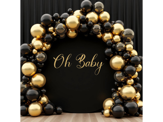 7.2FT Black Round Backdrop Cover with Oh Baby Decal Sign for 5-7.2ft Circle Arch Stand - Thick Fitted Spandex Circle Backdrop Cover for Baby...