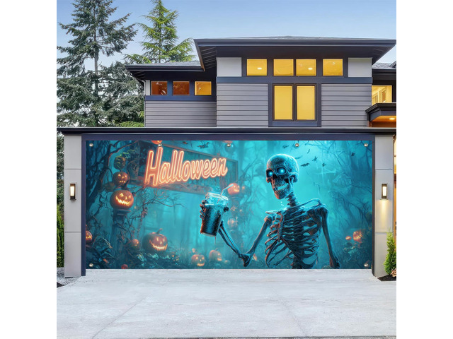 Halloween Skeleton Garage Door Cover 13x6ft Polyester grim reaperPolyester, funny skeleton drinking beverage design Garage Door Cover for casual...