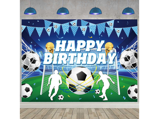 Blue Soccer Happy Birthday Backdrop Sports Themed Photography Background 7x5ft Blue Soccer Birthday Banner for Kids Boys, Teens Fans Soccer...
