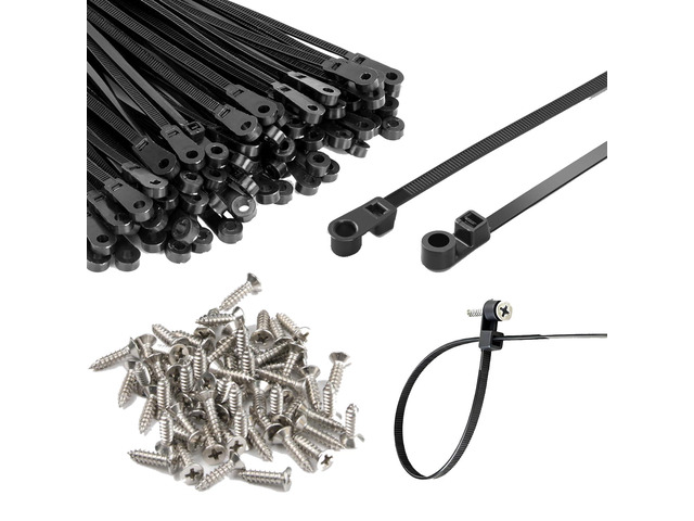 200 PCS 10 in black zip ties, 100 screws, cable ties with screw holes 75lb heavy duty zip tiewire tieszip ties with screw holezip tie mountszip...