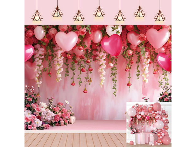 Flowers Wall Backdrop Pink Flowers Love Heart Balloons Romantic Photography Background Wedding Anniversary Birthday Valentines Party Decorations...