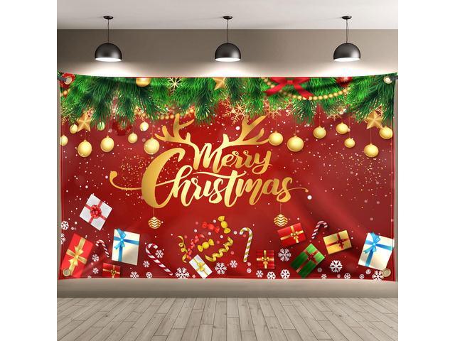 XtraLarge, 6x4 Feet Merry Christmas Banner - Red and Gold Christmas Decorations Xmas Party Decorations, Photo Backdrop Xmas Party Banner,...