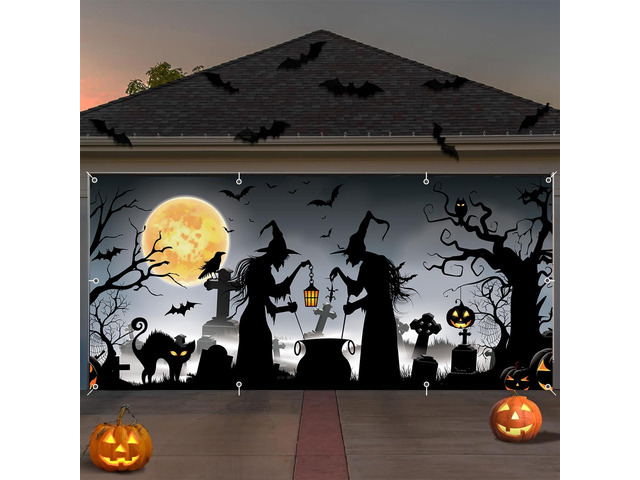 Halloween Garage Door Cover Banner 7x16ft Witch Graveyard Cemetery Cat Hanging Backdrop Decorations Scary Pumpkins Bats Background Mural for Home...