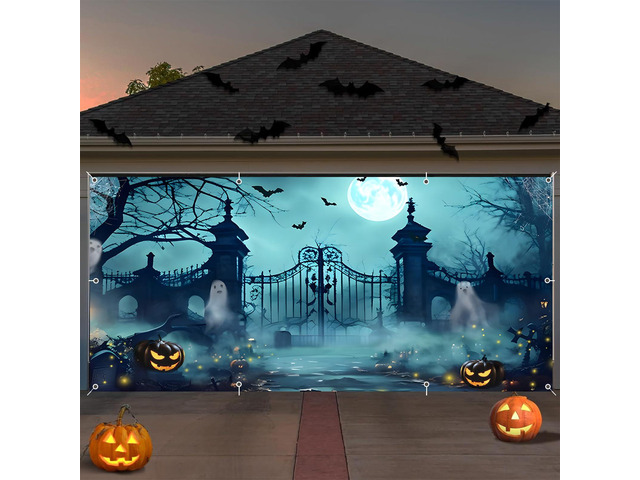Halloween Garage Door Cover Decorations 7x16ft Large Halloween Hanging Backdrop Garage Door Banner Outdoor Home Yard Party Decor Photo Background