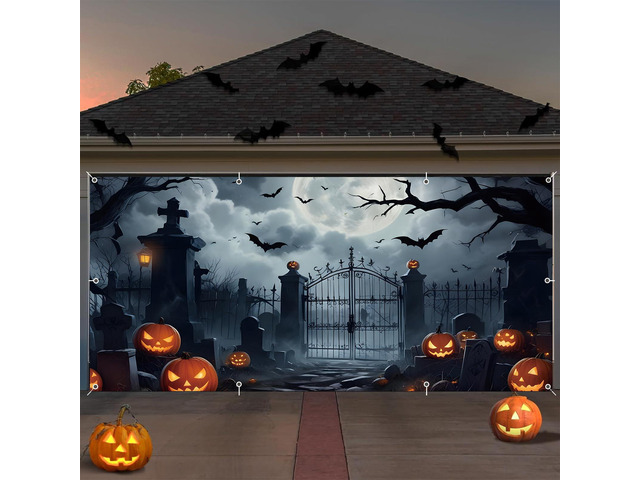 Halloween Garage Door Cover Banner 7x16ft Large Halloween Garage Door Decorations Scary Graveyard Cemetery Backdrop Background for Indoor Outdoor...