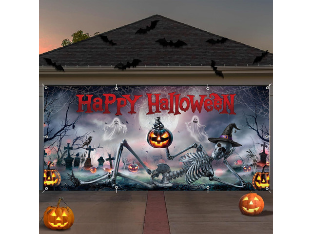 Halloween Garage Door Cover Decorations 7x16ft Happy Halloween Banner Backdrop Scary Skeleton Skull Pumpkin Graveyard Cemetery Background Decor for...