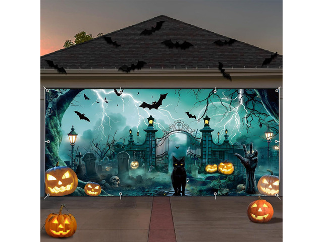 Halloween Garage Door Cover 7x16ft Large Graveyard Backdrop Banner Pumpkin Skull Cat Wall Decorations for Outdoor Halloween Holiday Party Photo...