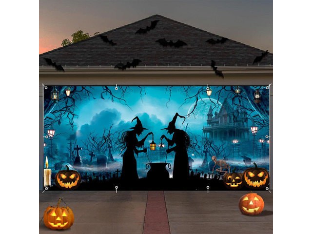 Halloween Garage Door Cover Banner 7x16ft Haunted House Witch Scary Graveyard Cemetery Decorations Backdrop Background for Outdoor Indoor Holiday...