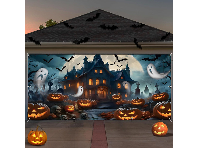Halloween Garage Door Cover Banner 7x16ft Haunted House Pumpkin Lantern Ghost Backdrop Decorations Scary Graveyard Cemetery Background for Outdoor...