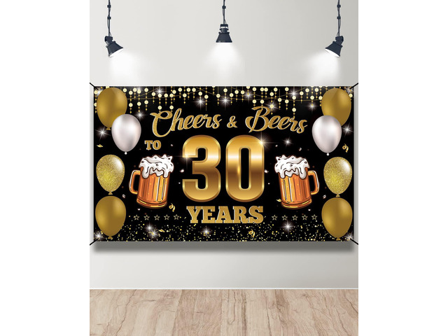 Cheers & Beers to 30 Years Backdrop Banner, Happy 30th Birthday Decorations for Men Women, 30th Anniversary Decor, Black Gold 30 Year Old Birthday...