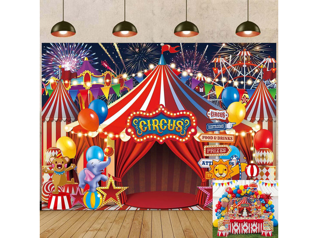 Red Circus Carnival Backdrop Amusement Park Tents Playground Background for Circus Theme Newborn Baby Shower Birthday Party Cake Table Decorations...