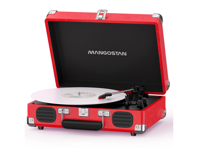 Cherry Red Bluetooth Suitcase Record Player, 3-Speed Turntable Add retro style to your space with Bluetooth, 3-speed vinyl playback, built-in...