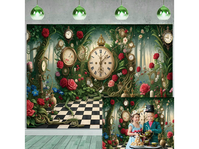 Halloween Wonderland Backdrop Tea Party Enchanted Garden Floral Green Grass Fairy Clock Checkerboard Photography Background Baby Shower Newborn...