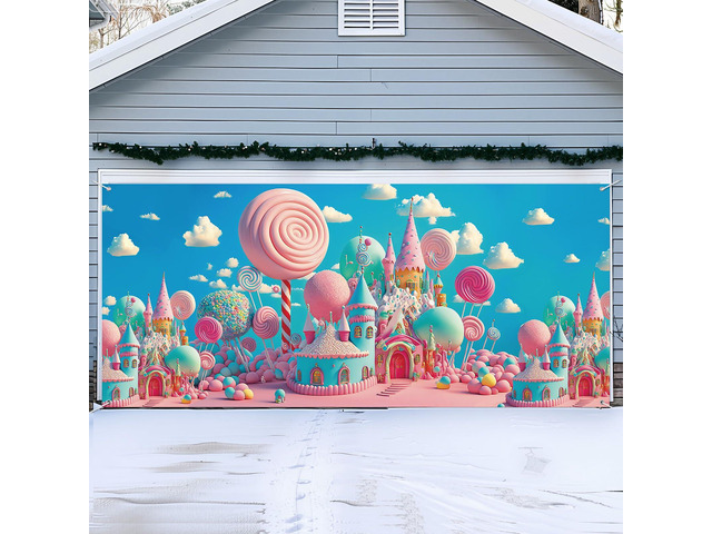 16 x 7 ft Christmas Candy Land Garage Door Cover Decorations Extra Large Pastel Xmas Outdoor Door Banner Backdrop Colorful Lollipop Garage Cover...