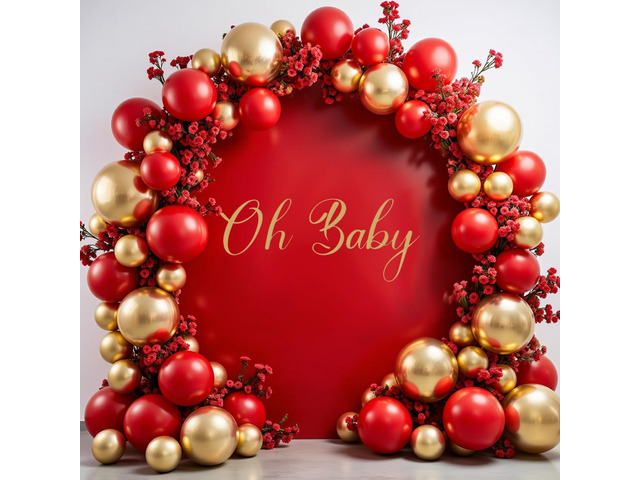 7.2FT Red Round Backdrop Cover with Oh Baby Decal Sign for 5-7.2ft Circle Arch Stand - Thick Fitted Spandex Circle Backdrop Cover for Baby Shower,...