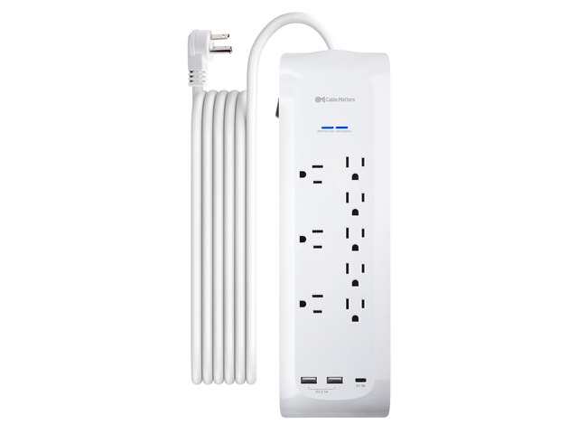 [ETL Listed] 8-Outlet Surge Protector with USB-C, 8ft USB-A Ports, 1800 Joules, Wall-Mountable, Compatible with iPhone, iPad Pro, Galaxy S23, White