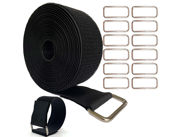 Wide 2' ×16 Ft Long Hook and Loop Cable Straps with 12 Heavy Metal Buckles, Adjustable Nylon Tie Down Straps,Free Cut Length and Width, Reusable,...