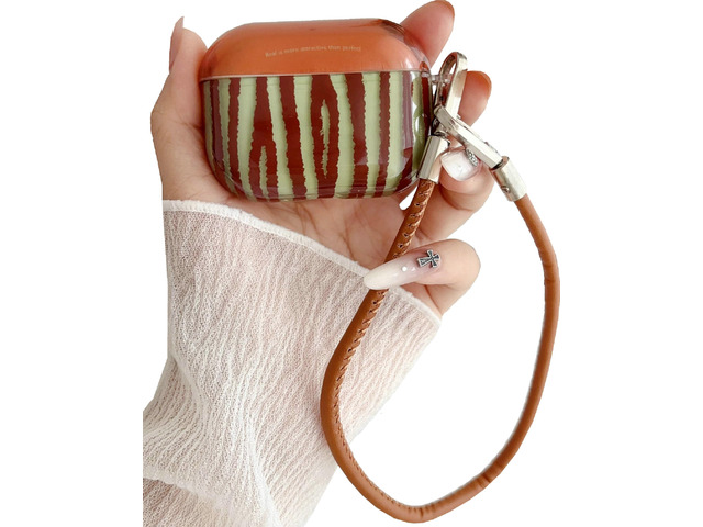 JANMD for AirPods Pro 3 Case with Strap, Fashion Simple IMD Brown Green Irregular Stripes Design Charm Keychain Women Girls Shockproof Case for...