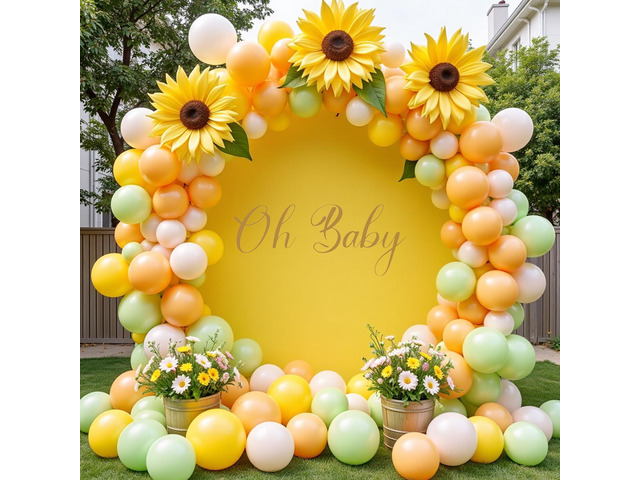 7.2FT Yellow Round Backdrop Cover with Oh Baby Decal Sign for 5-7.2ft Circle Arch Stand - Thick Fitted Spandex Circle Backdrop Cover for Baby...
