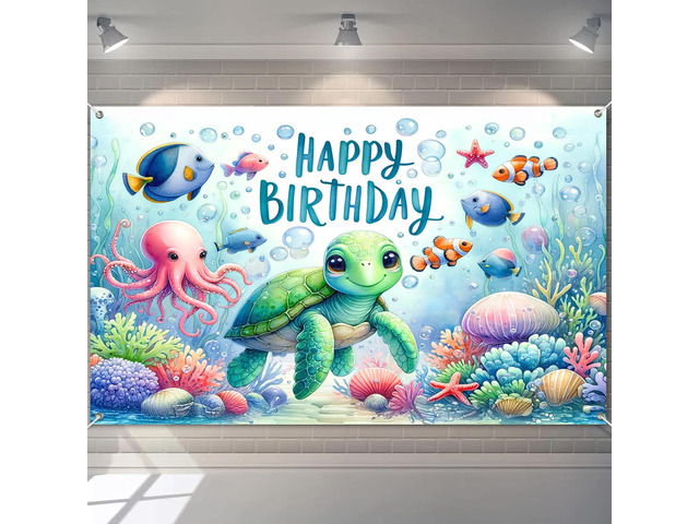 Happy Birthday Banner Under The Sea Backdrop 120x84 Inch Ocean Animals Theme Party Background Decoration with Turtle Octopus for Kids Girls Boys...
