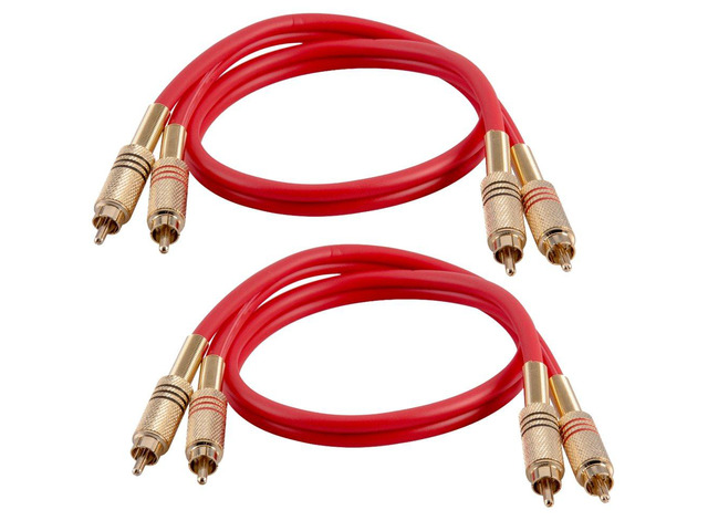 SAPRCA2-2 Pack of Premium 2 Foot Dual RCA Male to Dual RCA Male Audio Patch Cables - Red and Red - 2-RCA to 2-RCA Audio Cords