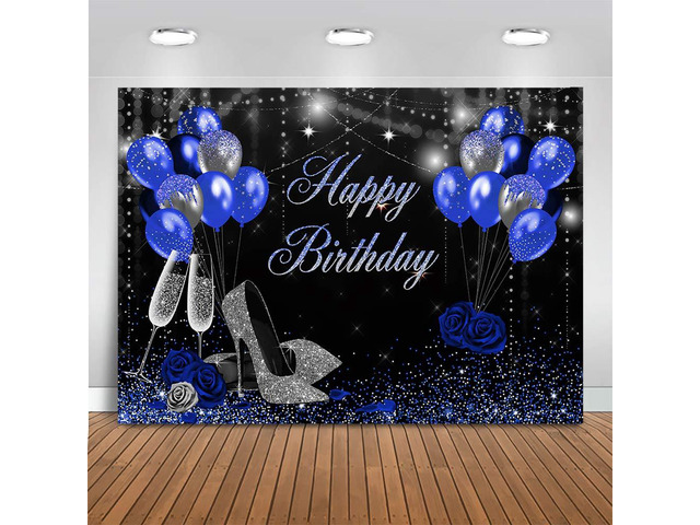 Happy Birthday Backdrop Blue and Silver 7x5ft Glitter High Heels for Women Birthday Party Decorations, Sweet 16 21st 30th 40th 50th Birthday...