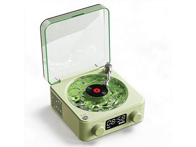 Bluetooth Speaker, Turntable Design with Water Wave Light and Clock, Green ABS housing, radio, memory card up to 64GB, audio input, battery level...