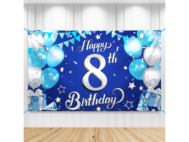 Silver and Blue Happy 8th Birthday Decorations Banner 72x44 Inch 8th Backdrop for Happy Birthday Decorations Blue and Silver Party Decorations,...