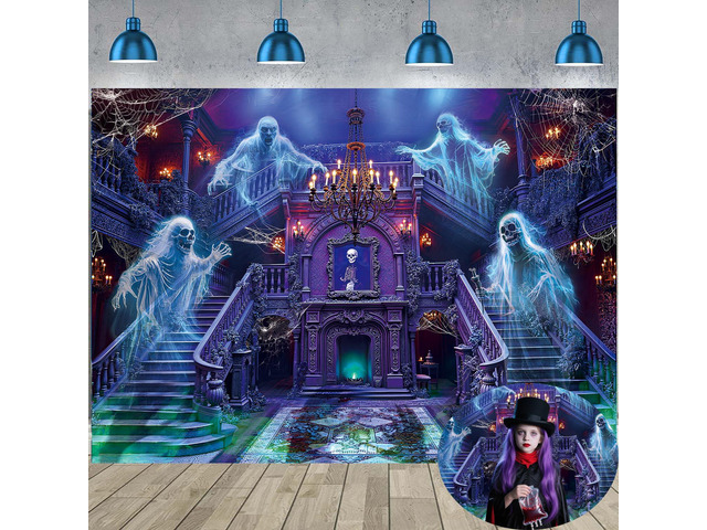 Halloween Haunted Mansion Backdrop Banner 8x6FT Ghost Staircase Spooky Castle Fireplace Photography Background Gothic Horror House Halloween Party...