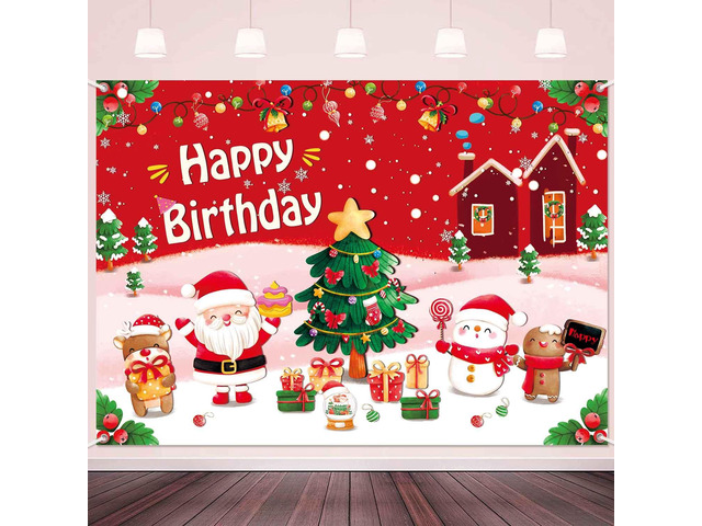 7x5ft Christmas Happy Birthday Banner Backdrop Pink Red Merry Christmas Birthday Party Decorations for Girls Xmas Tree Santa Theme Photography...